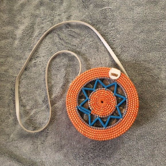 Handbags - Orange/Blue Bali Round Rattan Bag